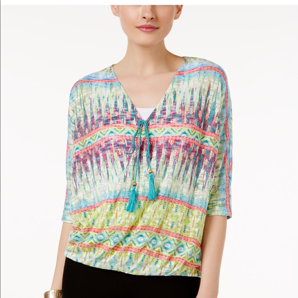 JPR PRINTED SURPLICE POINTELLE-KNIT TOP
